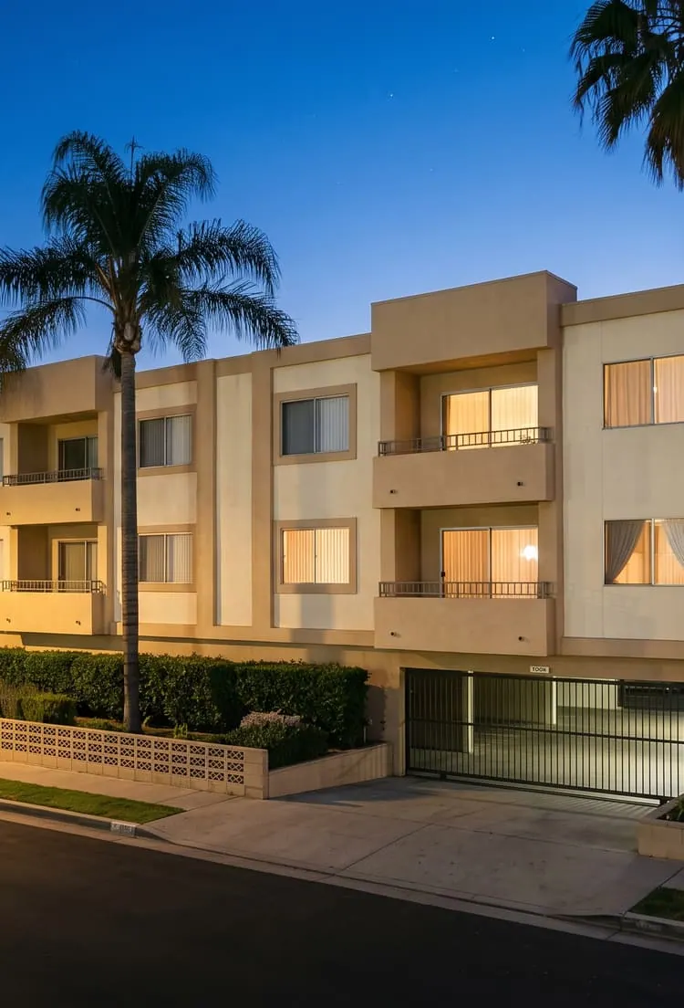 Southern California apartment buildings with palm trees