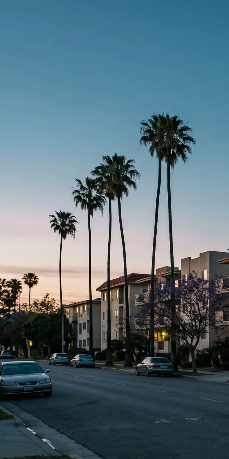 Los Angeles apartment buildings at dusk