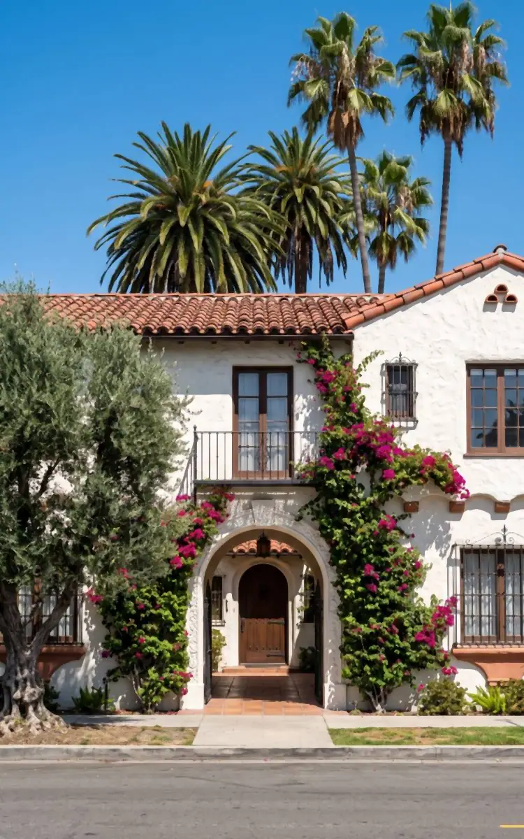 Spanish-style Los Angeles apartment building with a tile roof and flowering bougainvillea