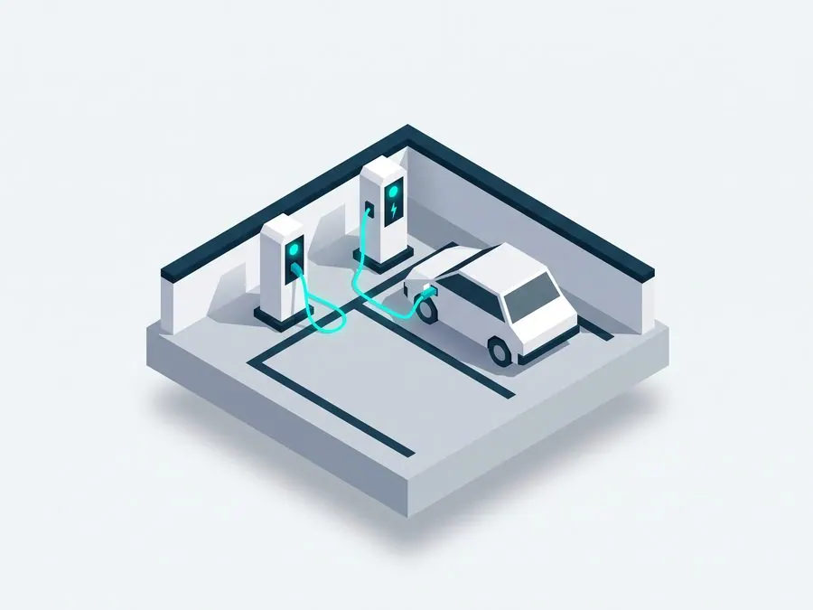 Render of two EV charging stations and a parked car in a resident lot