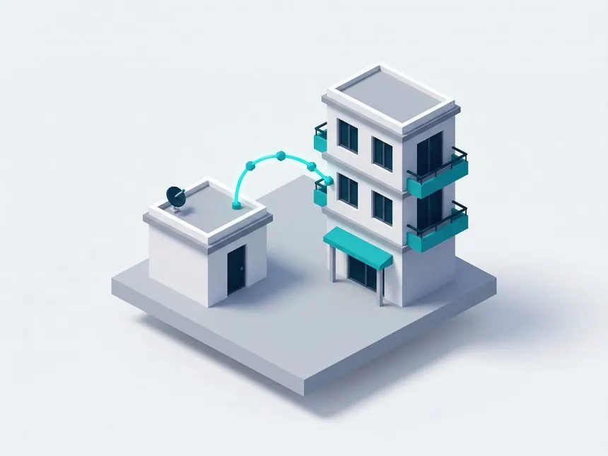 Render of a utility meter box wired across to an apartment building