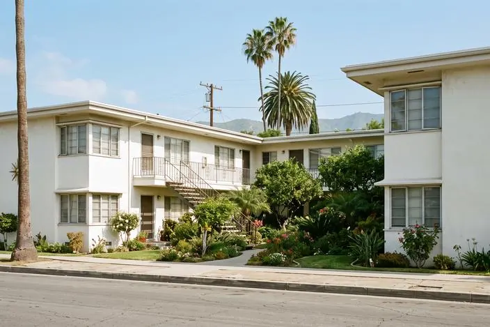 Hollywood courtyard apartment building from the 1950s