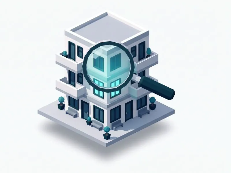 Render of an apartment building under a magnifying glass, the building assessment step
