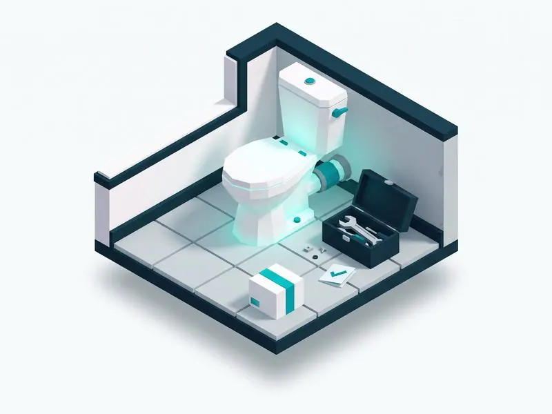 Cutaway render of a bathroom with a new toilet and installer tools, the installation step