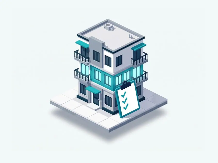 Render of an apartment building beside a clipboard, standing for a building audit