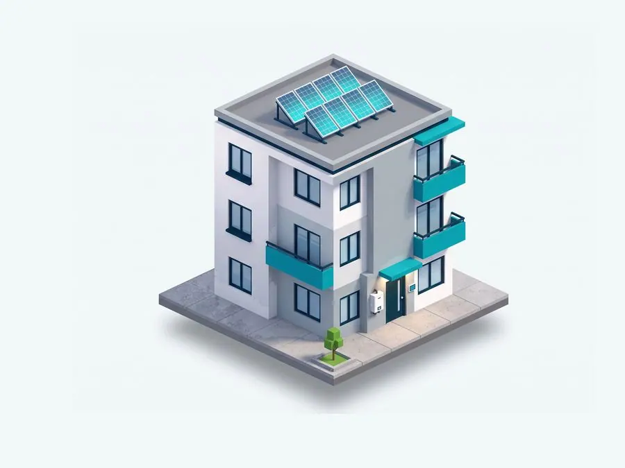 Render of an apartment building with rooftop solar panels and upgraded lighting