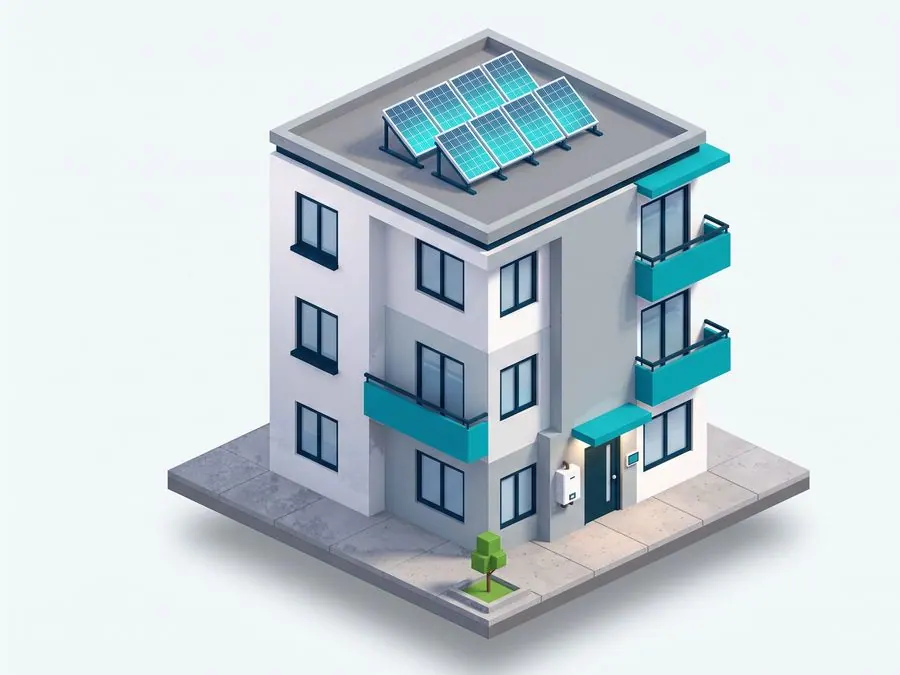 Render of an apartment building with rooftop solar panels and upgraded lighting