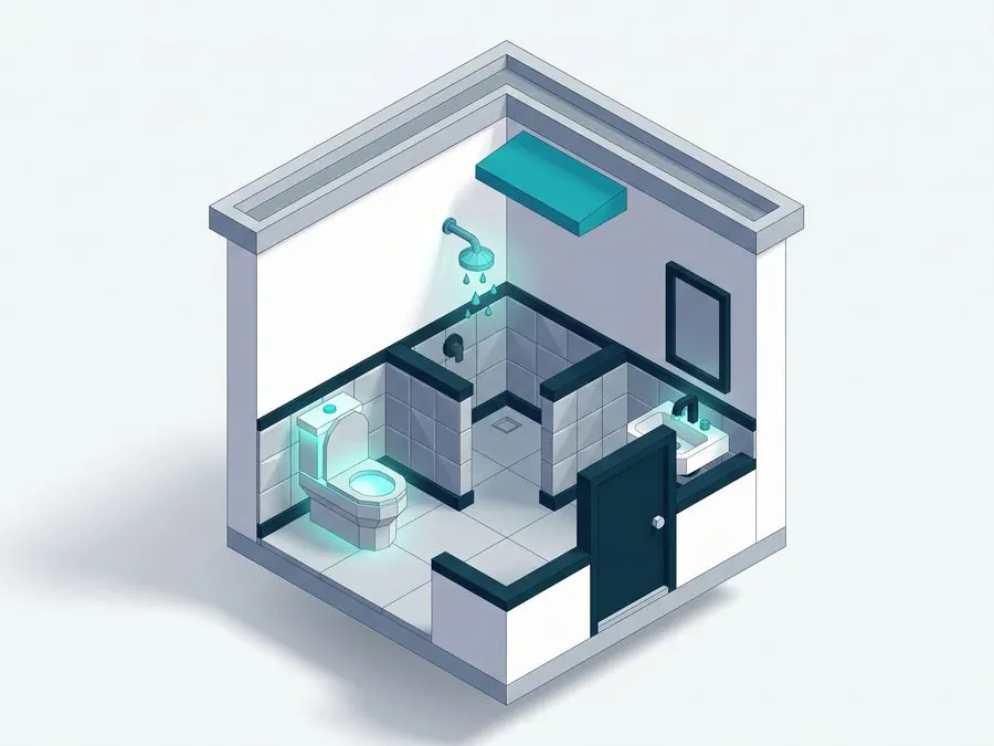 Cutaway render of an apartment bathroom fitted with new low-flow water fixtures